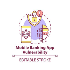 Mobile banking app vulnerability concept icon. Threats idea thin line illustration. Faults in application code. Security weaknesses. Vector isolated outline RGB color drawing. Editable stroke