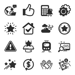 Set of Business icons, such as Search, Loyalty star, Payment method symbols. Rank star, Calculator alarm, Windy weather signs. Settings gears, Winner podium, Smartphone holding. Like. Vector