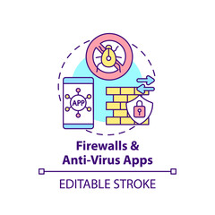 Firewall and anti-virus apps concept icon. Control and filtering of network traffic idea thin line illustration. Safety of information. Vector isolated outline RGB color drawing. Editable stroke