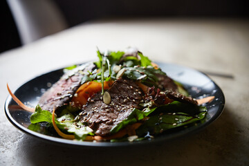 Steak Salad with Grilled Beef, rukkola, carrot and seeds