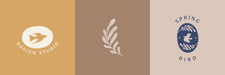 Vector illustration in simple hand drawn and linocut style - natural print, poster or logo design template - spring illustration - birds and flowers