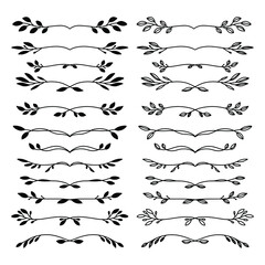 Set of hand drawn floral elements isolated on white background. Outline and silhouette branches for books, greeting cards, invitations, web. Doodle style.