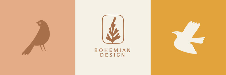 Vector illustration in simple hand drawn and linocut style - natural print, poster or logo design template - spring illustration - birds and flowers