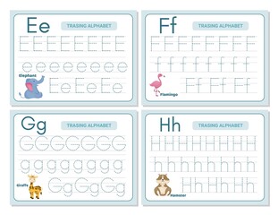 Alphabet tracing practice Letter E, F, G, H. Tracing practice worksheet. Learning alphabet activity page.