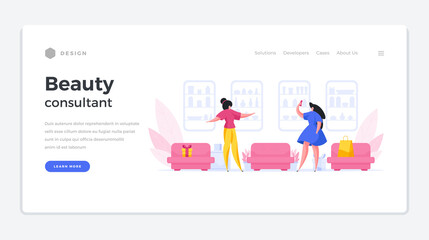 Beauty salon consultation home page template. Female character in blue dress makes selfie.