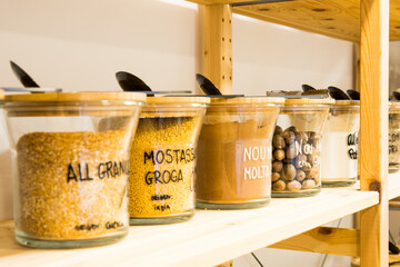 Self service bulk organic food. Eco-friendly zero waste shop. Small local business. Cumin, mustard, nutmeg. cayenne and garlic