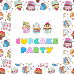 Cupcake party. Bright invitation background of cupcakes decorated with cream, strawberry, hearts, mint, citrus, cherry, cookies and unicorn horn. Vector 10 EPS.