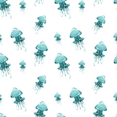 watercolor jellyfish seamless pattern