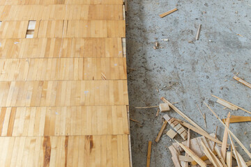 Damaged old Parquet. 
Broken wood parquet and planks.
Repair of floor