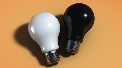 White and black light bulbs on the surface. Fluorescent lamp and infrared lamp.