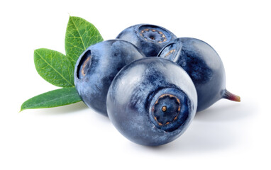 Blueberry. Fresh raw berries with leaves isolated on white background. With clipping path.