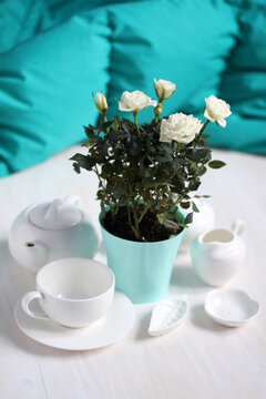 white roses in green pot on white and blue background and tea crockery set