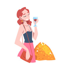 Affluent and Rich Woman Drinking Wine Having Abundance of Financial Assets Vector Illustration