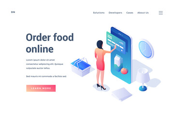 Cartoon woman ordering food online in mobile app