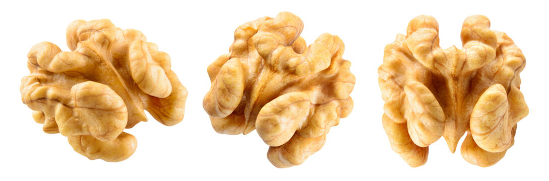 Walnut half isolate. Peeled walnut on white. Walnut nut top view. Set with clipping path. Full depth of field.