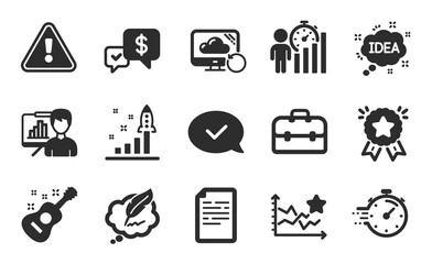 Guitar, Approved message and Ranking stars icons simple set. Idea, Recovery cloud and Timer signs. Ranking star, Document and Portfolio symbols. Flat icons set. Vector