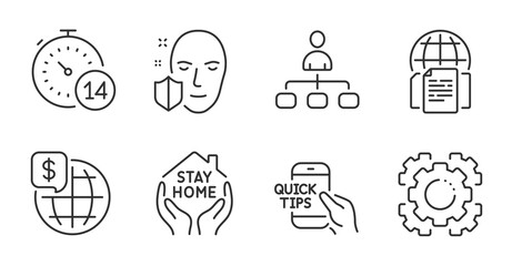 Quarantine, Seo gear and Face protection line icons set. Education, World money and Stay home signs. Management, Internet documents symbols. Self-isolate, Cogwheel, Secure access. Vector