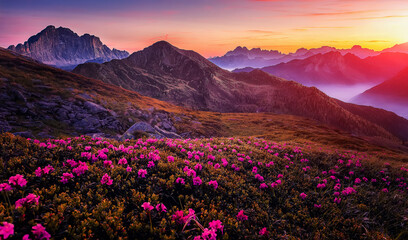 Fototapeta na wymiar Fantastic Mountain landscape during sunset. Pink rhododendron flowers on under sunlight. Amazing nature scenery. Stunning natural landscape background. Travel adventure and freedom concept.