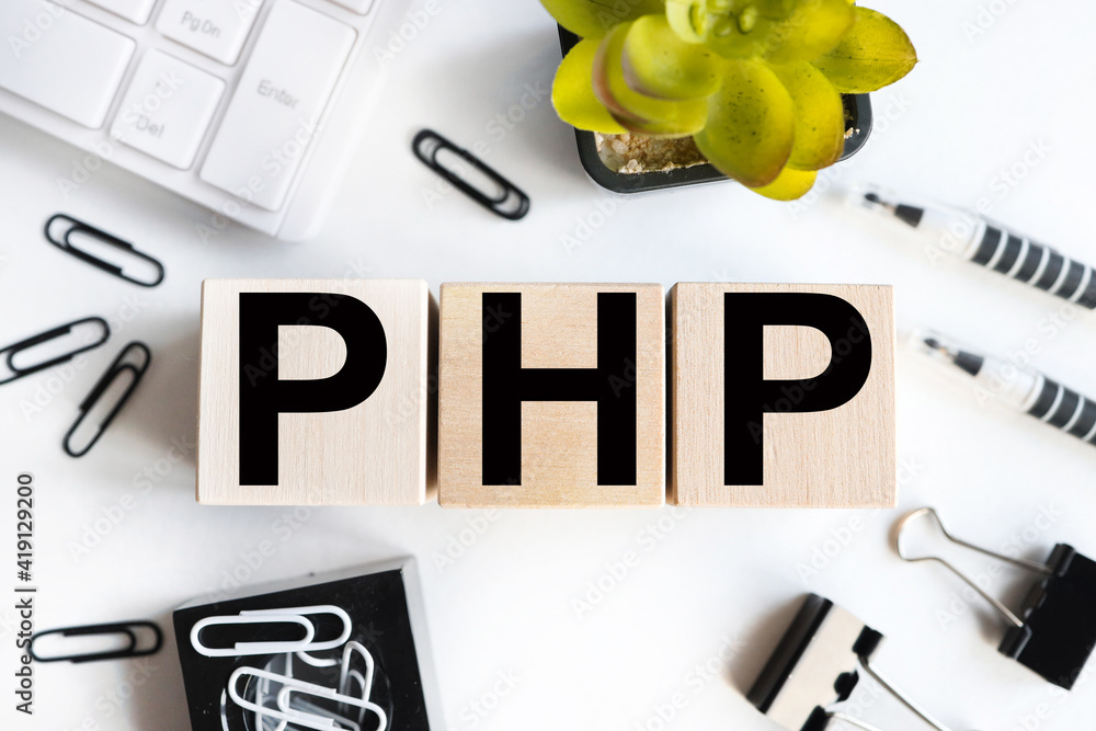 Poster php. text on wood cubes. text in black letters on wood blocks