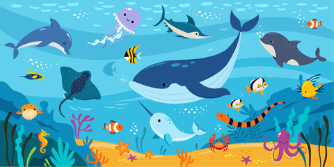 Underwater World with Floating Sea Animals and Marine Bottom Flora Vector Illustration