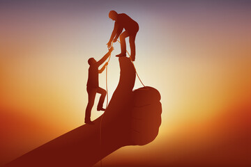 Concept du coup de main pour aider un partenaire à atteindre le sommet de la hiérarchie, avec deux hommes qui montent symboliquement sur un pouce.
