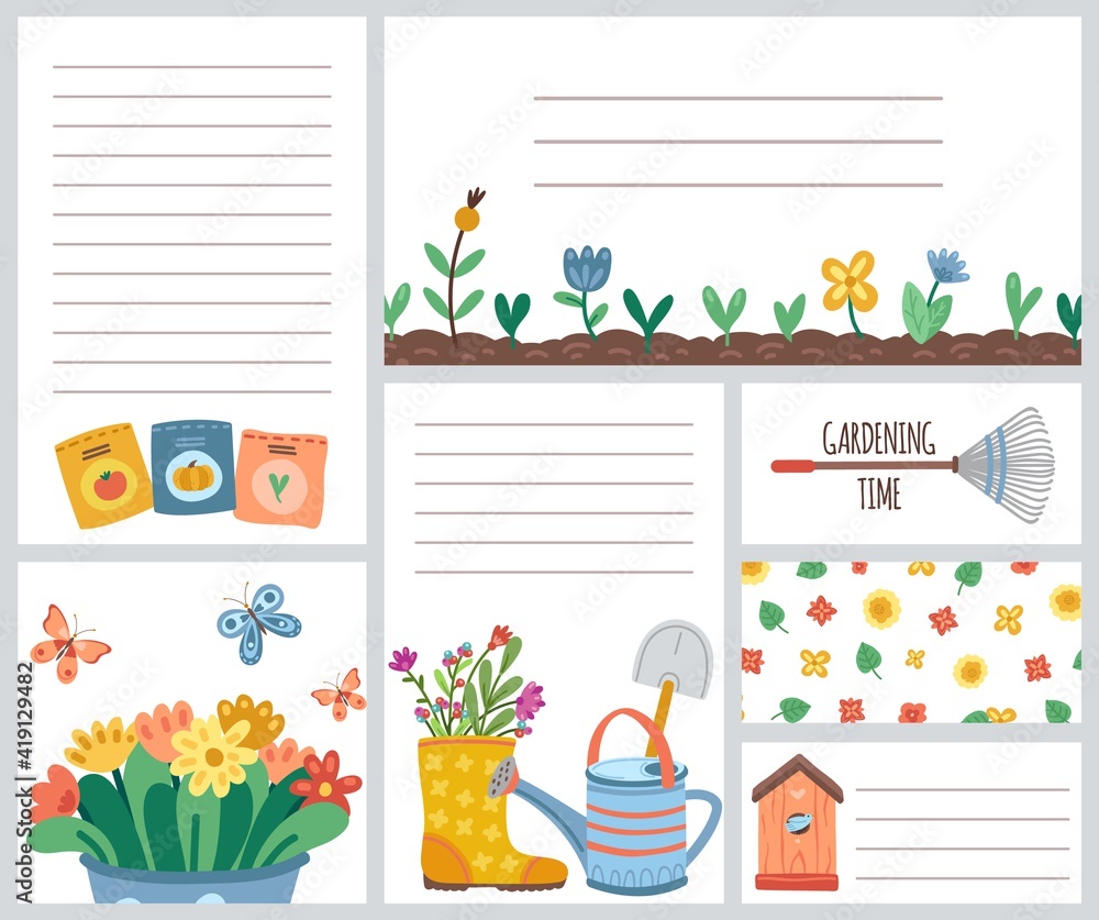 Sticker Gardening time. Planting tools, garden flowers and leaves. Watering can, birdhouse and seed packs. Cute blank notes pages vector template. Illustration gardening flower notes page