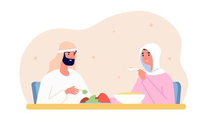 Ramadan kareem dinner. Arab home eat, muslim family eating evening or night. Iftar party, arabic woman man at utter table with meal vector concept. Illustration eating iftar evening at home
