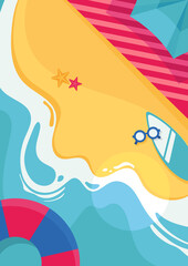 Poster template with sea beach. Summer concept in flat design.