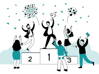 Winner ranking concept. Business results, best performance or campaign champion. Award or trophy, people stand on podium decent vector concept. Illustration success winner positive, best businessman