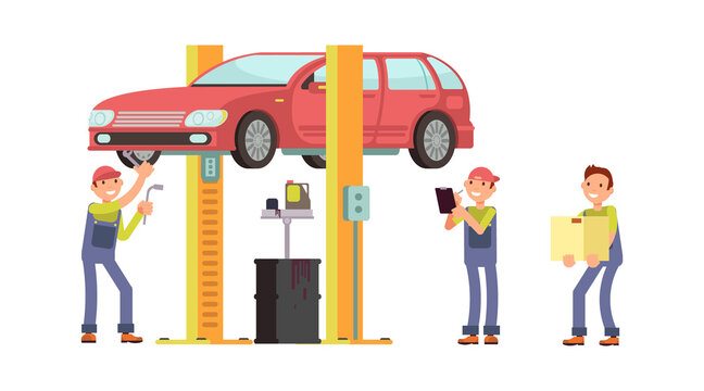 Auto service. Car repair, mechanic characters and auto. Changing oil in vehicle and finding breakdown vector concept. Illustration maintenance service, worker auto transportation