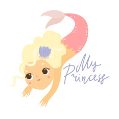 Cute cartoon little mermaid, my princess. Mythical creature. Little girl