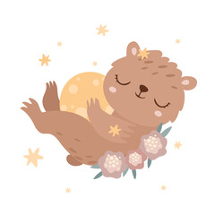 Cute baby print sleeping bear and moon in flowers