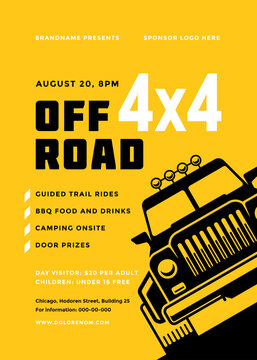 Off Road Truck Competition Poster Or Flyer Event Modern Typography Design Template And 4x4 Suv Car Silhouette.