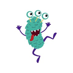 Cartoon dancing funny smiling monster isolated on white. Fantasy creature. Design for print, party decoration,  illustration,  sticker.