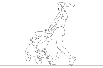 Fototapeta na wymiar Young woman mother with baby carriage on a walk with toddler. One continuous drawing line logo single hand drawn art doodle isolated minimal illustration.