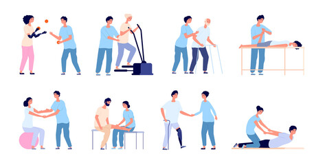 Physiotherapy. Medical treatment, injuries rehabilitation therapy. Healthcare physical training, medicine physiotherapist with patient utter vector set. Illustration physiotherapist rehab - obrazy, fototapety, plakaty