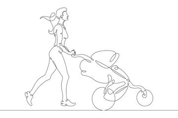 Young woman mother with baby carriage on a walk with toddler. One continuous drawing line  logo single hand drawn art doodle isolated minimal illustration.