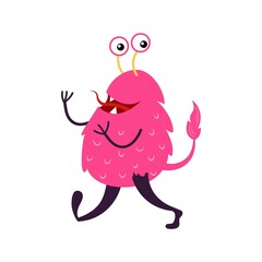 Cartoon joyful pink monster isolated on white. Funny fantasy creature. Design for print, party decoration,  illustration,  sticker.