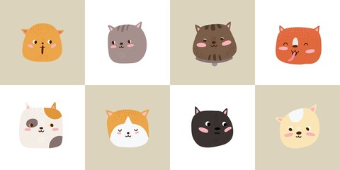 Cute cats. Cartoon cat heads, kitten faces cards set. Flat adorable pets, baby stickers with animals vector collection. Illustration kitten animal head set