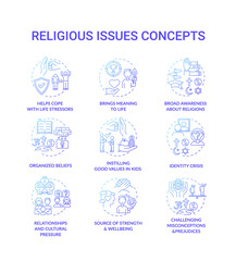 Religious issues and values blue concept icons set. Help cope with life stress. Identity crisis. Religion and faith idea thin line RGB color illustrations. Vector isolated outline drawings