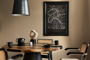 Modern composition of dining room interior with design wooden table, stylish chairs, decoration,...