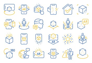 Augmented reality line icons. VR simulation, Panorama view, 360 degree. Virtual reality gaming, augmented, full rotation arrows icons. 360 vr tour, virtual simulation device. Line icon set. Vector