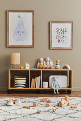 Stylish scandinavian kid room interior with toys, teddy bear, plush animal toys, furniture,...