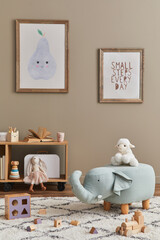 Stylish scandinavian kid room interior with toys, teddy bear, plush animal toys, furniture,...