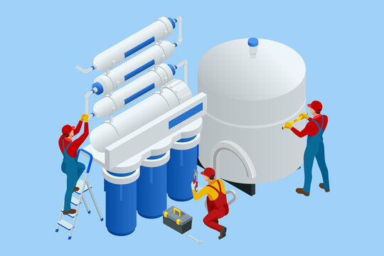Isometric installing or repairing system of water filtration at home concept. Fix purification osmosis system. Drinking water. Sanitary work. Engineering networks in the house.