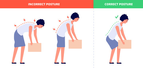 Correct lift heavy. Safety health back, flat woman lifting box postures. Proper technique load for spine with high weight utter vector concept. Illustration lifting box posture, heavy weight