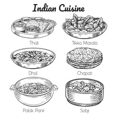 set of indian meals. thali, sabji, chapati, dhal, tikka masala. Hand drawn line art. Vector illustration. Isolated on white. Doodle, sketch.