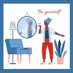 Be yourself slogan with self-assured young woman in front of mirror, cartoon vector illustration isolated on white background. Backdrop for body positivity concept.