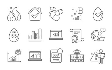 Ph neutral, Fire energy and Certificate line icons set. Graph laptop, Recovery ssd and Bitcoin graph signs. Hospital building, Dermatologically tested and Capsule pill symbols. Line icons set. Vector