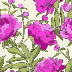 Floral seamless pattern. Vintage peony background. Hand drawn vector illustration.